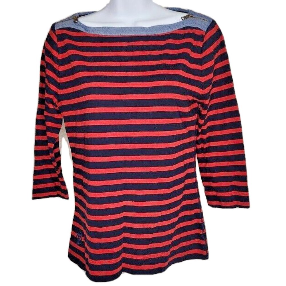 LRL Ralph Lauren Jeans Co Womens Shirt M Red Blue Stripes Long Sleeve Boat Neck